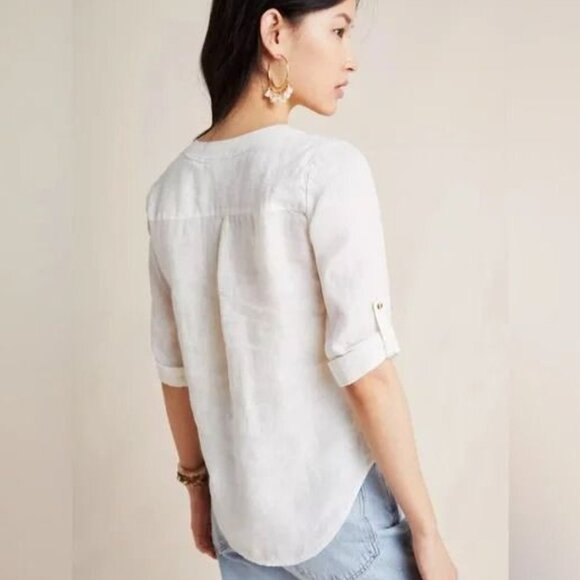 Anthropologie Maeve White Marva Lace up 100% Linen Tunic Top sz 0 | Linen Blouse - Picture 6 of 14